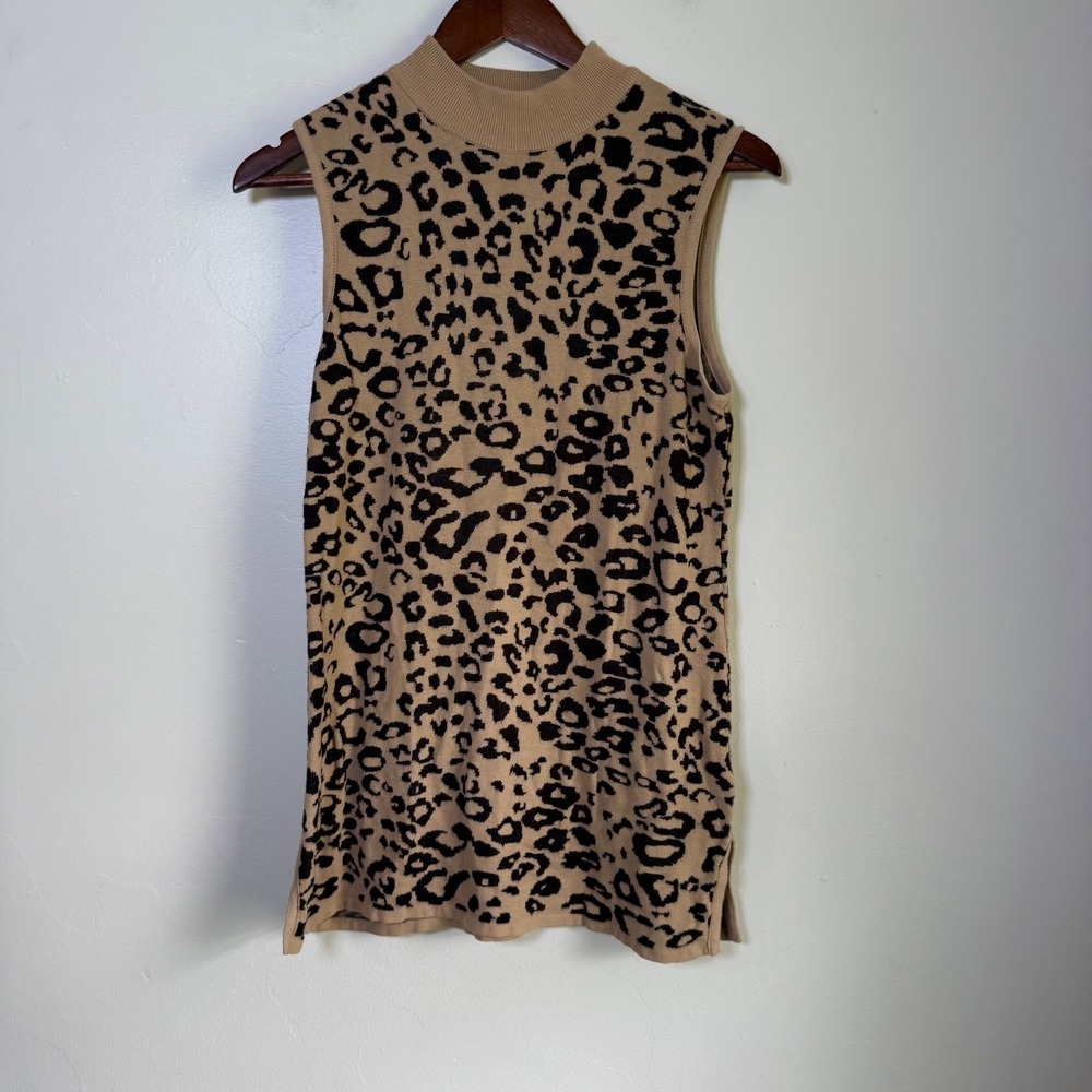 JM Collection Leopard Print Mock Neck Sleeveless‎ Sweater Top Size PM Tan Black